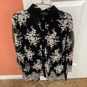 Jonathan Martin women’s Large Sheer button down shirt.  Black/white